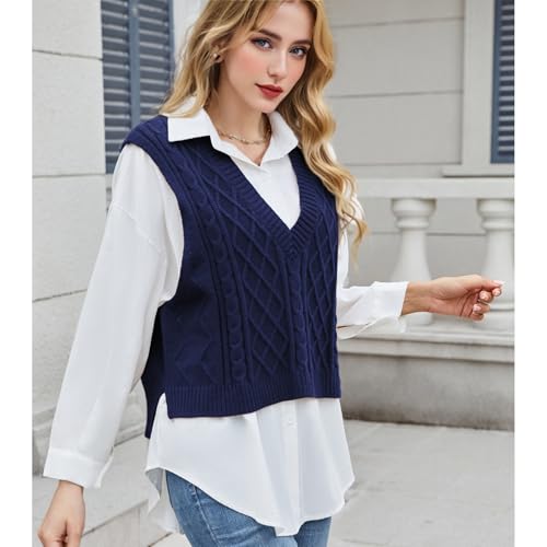Image of Blostirno Women's Sweater Vest V Neck Sleeveless Casual Ribbed Cable Cropped Pullover Vests Argyle Plaid Knit Tank Tops