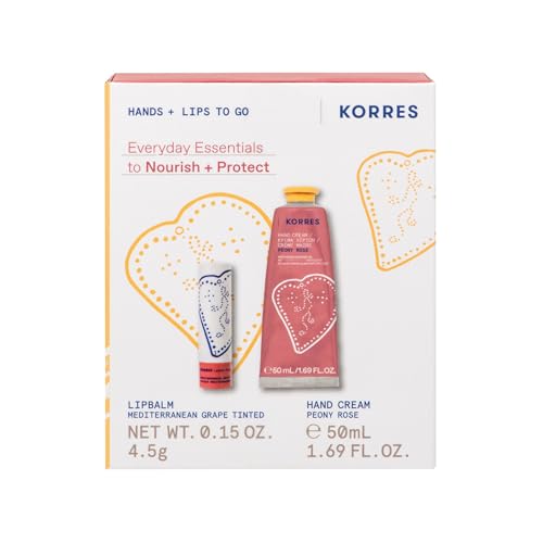 KORRES Everyday Essentials Hand and Lip Care Set, Peony Rose Hand Cream & Mediterrenean Grape Lip Balm, Gift Set for Women, Silicone & Paraben-Free, 50 ml + 4.5 g