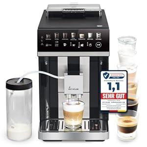 KKT KOLBE One Kaffeevollautomat mit Milchbehälter, Milchschaumdüse und Zubehör, 2 Tassen Funktion, 15 Bar, 7-stufiges Mahlwerk, Touchscreen, Automatische Reinigung, 7 Getränke, schwarz silber