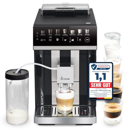 KKT KOLBE One Kaffeevollautomat mit Milchbehälter, Milchschaumdüse und Zubehör, 2 Tassen Funktion, 15 Bar, 7-stufiges Mahlwerk, Touchscreen, Automatische Reinigung, 7 Getränke, schwarz silber