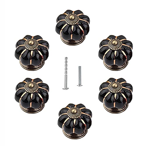 UULU 6個入 陶器 つまみ かぼちゃ 引き出し 取っ手 家具 つまみ キャビネットノブ ツマミ セラミック キッチン ドア 戸棚引き 引き出し 可愛い ノブ グリップ 扉 棚のツマミ DIY工具 建築金具 ハードウェア, 2種類のネジ付き (黒)