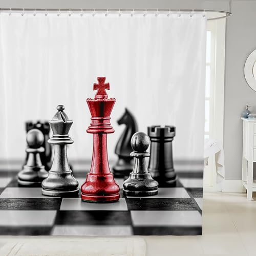 Image of Chess Shower Curtain with Hooks Horse Head International Chess Stripes Bathroom Shower Curtain Fashion Chessboard Waterproof Shower Curtains for Boys Girls Kids Board Game Bath Curtains 72x78 Inch