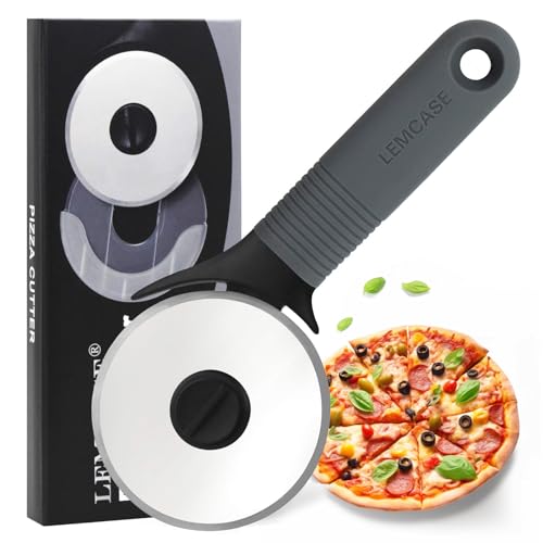 LEMCASE Pizzaschneider - Pizzaroller, Pizza Cutter, Pizzamesser, Pizzarad - Pizza Schneiderroller Schneider Roller aus Silikon Griff & Edelstahl Räder mit Schutzhülle | Grau