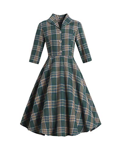 Minetom Damen Kariert Cocktailkleid Vintage V Ausschnitt 3/4 Ärmel Retro Hepburn Midi Cocktailkleider Retro Rockabilly Swing Kleider Kariertes...