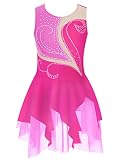 Jowowha Mädchen Eiskunstlauf Kleid Glitzer Ballettkleid mit Pailletten Strass Ballerina Latein Tanzkleid Wettbewerb Gymnastik Turnanzug C Rose Rosa 134-140