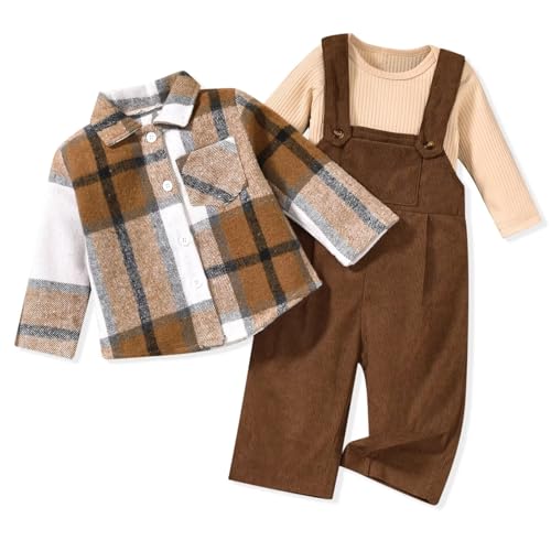 Unutiylo Toddler Baby Boy Clothes Set Infant Boy Overalls Outfit Fall Winter Long Sleeve Romper+Suspender Pants+Plaid Jacket