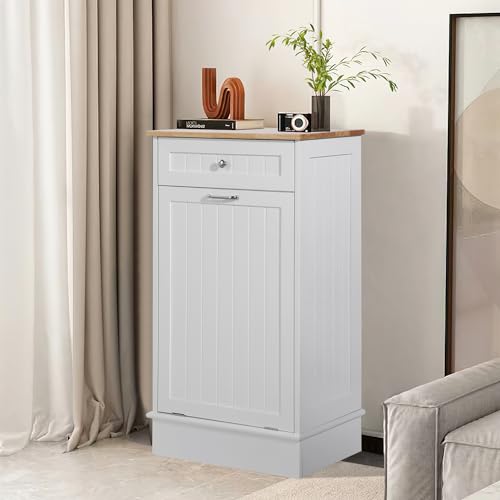 KIGOTY Tilt Out Trash Cabinet,Wooden Kitchen Trash Bin Holder Garbage Bin Recycling Cabinet Laundry Hamper with Solid Wood Countertop and Hideaway Drawer (White) - Thumbnail 2
