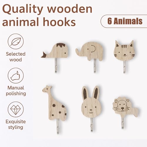 6 Stück Kleiderhaken Kinder, Süße Tier Garderobenhaken, Selbstklebende Wandhaken Für Kinderzimmer, Badezimmer Und Küche, Natürliches Buchenholz Mit Elefant, Wal, Katze, Löwe, Kaninchen Und Giraffe
