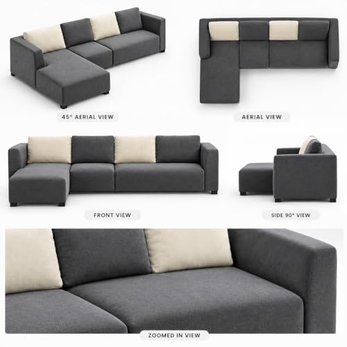 Image of FURNY Olympus 8 Seater LHS L Shape Sofa Set | Plush Velvet Suede Fabric | Modern Design | Soft Comfort Dual Color Cushions for Living Room, Office & Hotels (Dark Grey-Cream)