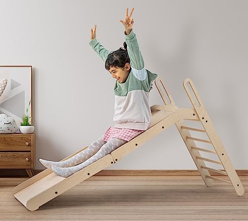 Mamatoyz 13SLDNAT Rutsche für den Außen- und Innenbereich, die zum Pikler SlideMe-Dreieck aus wiederverschließbarem Naturholz Wird