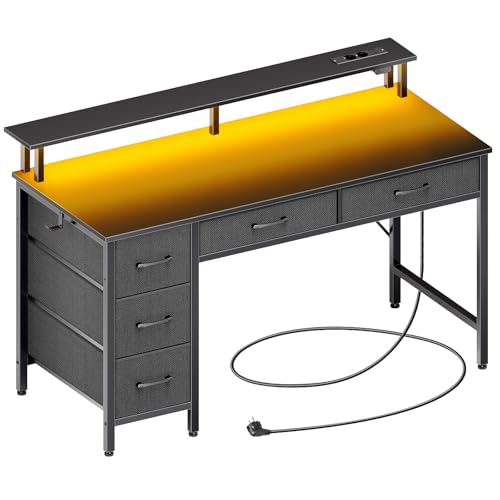 Seventable Bureau Gaming 140 cm avec LED RGB, Prises & Ports USB, Support Écran — Bureau avec Rangement et 5 Tiroirs en Tissu, Bureau Informatique pour...