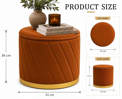 Image of Luxury Velvet Ottoman Stool for Living Room & Bedroom | Premium Round Pouffe with Gold Metal Base | Modern Footrest, Extra Seating & Home Decor (Brwon Single)