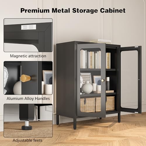 Image of Small Display Cabinet with Glass Doors, 12 inch Deep Small Curio Showcase with Two Glass Doors, 23.6 inch Wide Metal Floor Storage Cabinet for Collectibles Books China for Entryway, Home Office, Living Room