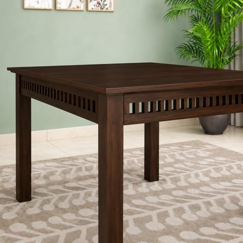 Image of Solid Wood 4 Seater Dining Table Set with Cushioned Chairs | Square Dining Table Set of 4 for Dining Room, Home, Kitchen, Office, Hotels & Restaurants | Walnut Finish