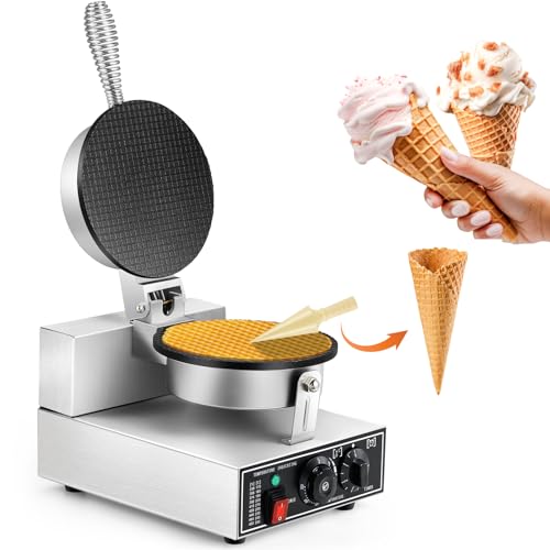 CGOLDENWALL Maquina de Barquillos Helado Eléctrica 1000W, con Antiadherente Revestimiento, Temperatura y Tiempo Ajustable, Comercial Máquina Gofrera para Conos para Cafeterías y Restaurantes