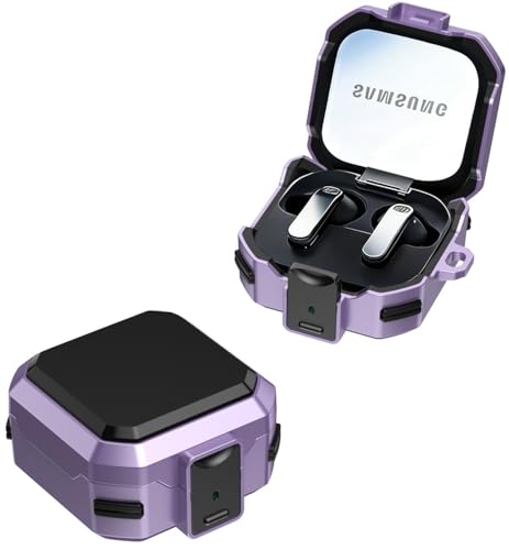 Image of Hybrid Lock Armor Case Cover for Samsung Galaxy Buds 4 and 4 Pro, Rugged, Shockproof with Heavy Duty Carabiner (Purple, Armor with Lock)