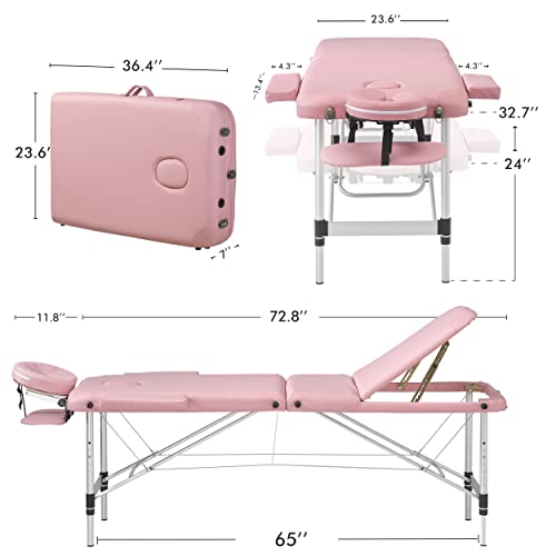 Prilinex Portable Folding Massage Table, 3 Sections Reclining Spa Bed, Aluminum Legs, With Carrying Bag, Face Cradle & Armrest - Easy Set Up, Lightweight, Height Adjustable 24" To 33" Pink #TOP2