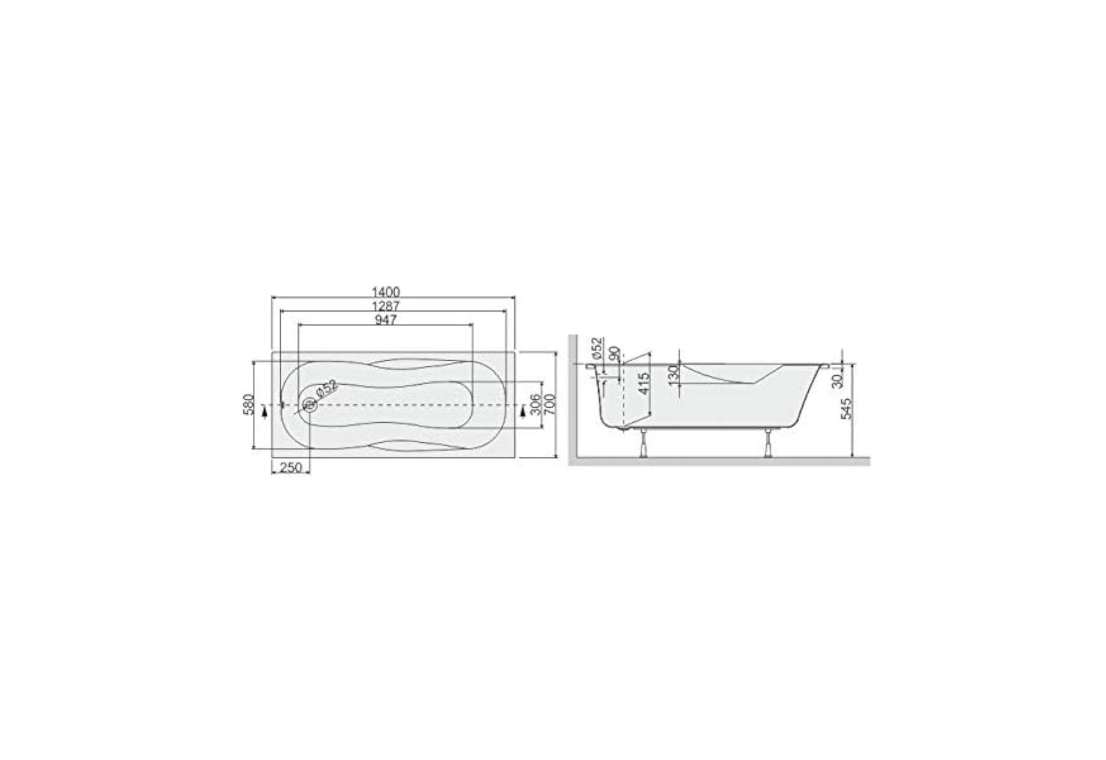 VBChome Bañera de 140 x 70 cm, color blanco, acrílico, espacio para iluminación LED, soporte de poliestireno, soporte para bañera, sifón, bañera, rectangular, blanco, diseño moderno, desagüe en cromo