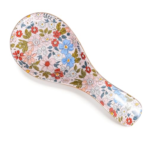 HOMSUN Ceramic Spoon Rest for Stove Top Kitchen Counter Large Spoon Holder Farmhouse Floral Flowers Print Coffee Spoon Cooking Utensil Tools Rest Unique Kitchen Decor Vintage Pink