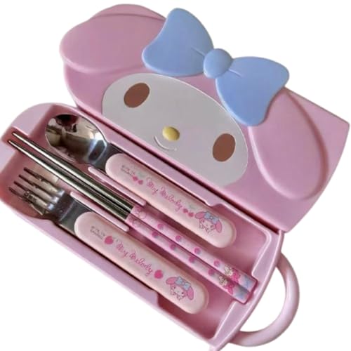JIACHEN かわいいキャラクター食器マイメロディマイメロディ箸フォークスプーン3点セット、キャラクター家庭用学生の子供の日ステンレス素材スライド式音がなく開けやすく清潔(メロディ)