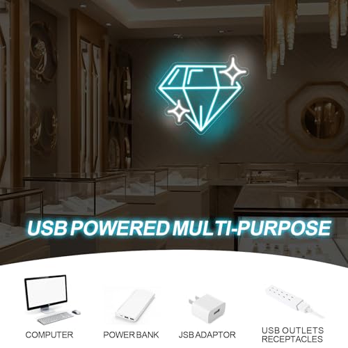 Image of Diamond Neon Sign Alluring Brightness Sparkling Sapphire Diamond LED Light | USB Powered Dimmable LED Light for Jewelry Makeup Stores Bars Parties & Home Decor Gift for Lover 13 inchx14.8 inch