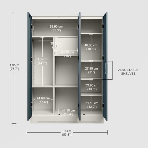 Image of Interio by Godrej Almirah Slimline 3-Door Steel Almirah, Cupboard for Clothes (Alpine White and Stormy Weather Matte), 1-Year Warranty, 7 Shelves, 1 Locker