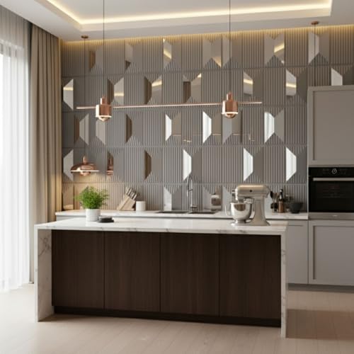 Image of Kayra Decor 3D PVC Wall Panels - Silver Abstract Mirror Design, 19.7 inch x 19.7 inch (Pack of 40) | Covers 107.60 Sq. Ft. |