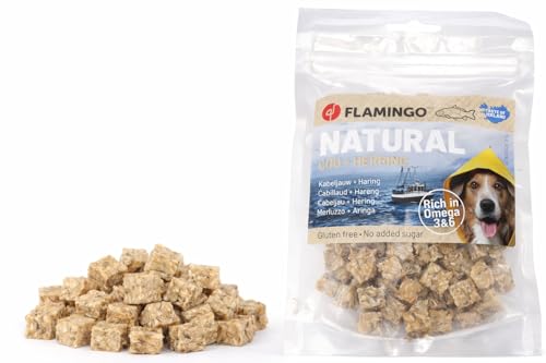 Bastoncini per cani – Nature Snack Cubetti con Merluzzo e Aringa – 75g – Senza additivi – Ricco di Omega 3 e 6 – Pelle e pelo sani – Flamingo