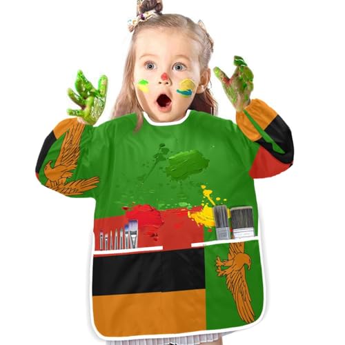 GuoChe - Delantal de pintura impermeable para niños con 2 bolsillos para niños de 2 a 4 años, manga larga para cocinar manualidades, arcilla, bandera de zambia, Chica
