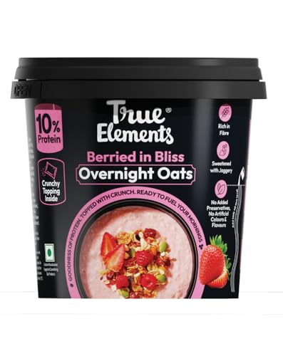 Image of True Elements Overnight Oats Berried in Bliss 62g - Ready-to-Eat Breakfast | High Protein, Fibre & Berry Flavour | Healthy Instant Oats Snack