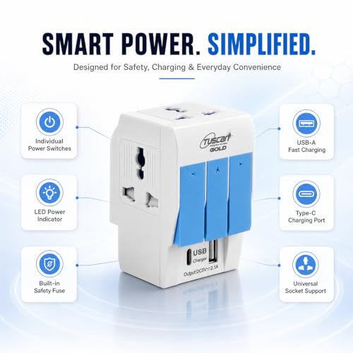 Image of PROSAC 3 Pin Multi Plug | Universal Conversion Multiplug with Type A and Type C USB Charger | Universal Travel Adapter with Individual Switch & LED Indicator | 3 Way Plug Extension with Fuse