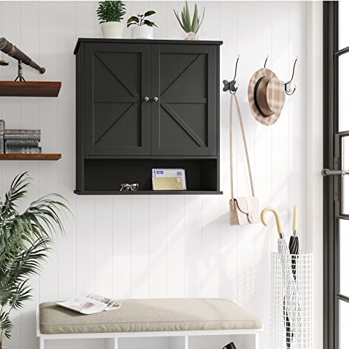 Reettic Two Door Wall Cabinet, Wooden Medicine Cabinet, Wall Mounted Bathroom Storage Cabinet With Inner Adjustable Shelf, For Bathroom, Kitchen, Entryway, Black Bmgz103B #TOP3