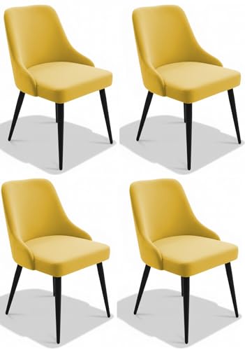 Image of Finch Fox Taskpro Modern Unique Velvet Upholstered Seating Living Room Dining Chair with Black Metal Legs in Yellow Color (Set of 4)