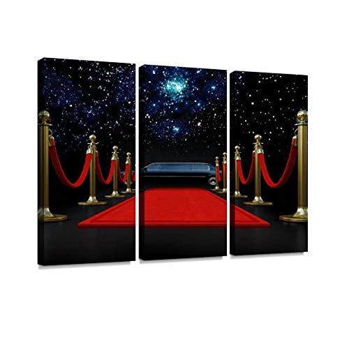 HABEN ARTWORK Night with red Carpet and a Limousine red Carpet Print On Canvas Wall Artwork Modern Photography Home Decor Unique Pattern Stretched and Framed 3 Piece