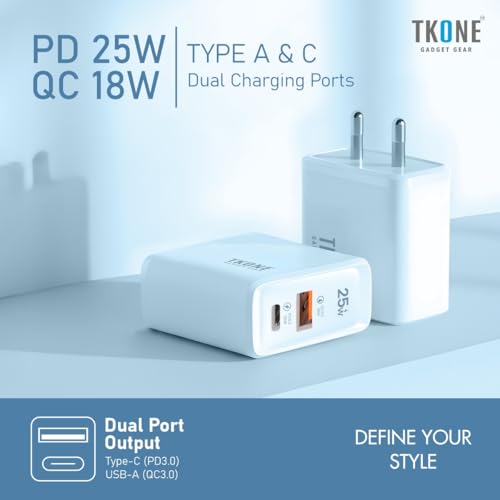 Image of TKONE 25W Dual Port Fast Charging Adapter, Type-C & USB A, Compatible with iPhone 17 /16 /15 /14 /13 /12 Series, Samsung Galaxy S25 /S24 /S23, OnePlus, Nothing, Tablets & Earbuds, BIS Certified (White)