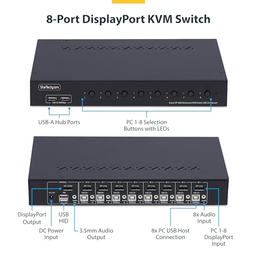 Image of StarTech 8-Port DisplayPort 1.2 KVM Switch, 4K 60Hz, USB Hub, 1U Rack, TAA