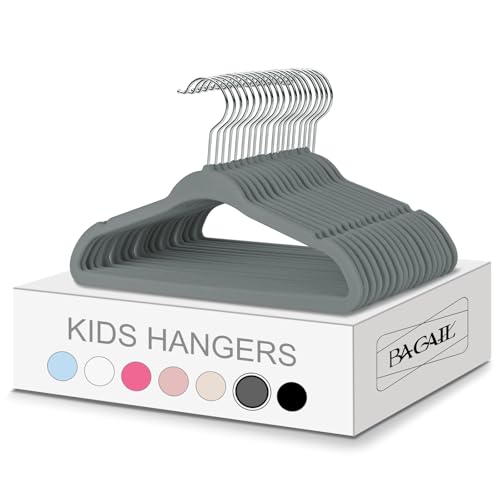 Image of BAGAIL 50 Pack Kids Velvet Hangers 14 Inches Children's Clothes Hangers Non-Slip Baby Hangers for Infant/Toddler (Grey)
