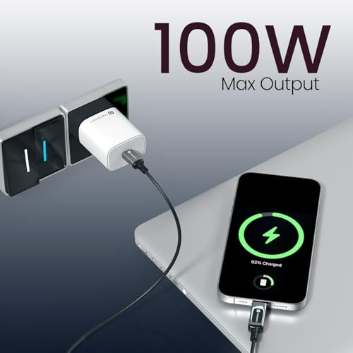 Image of Portronics 100W Konnect Halo Type C to Type C Cable with LED Light Indicator, Strong Braided Cable, PD Fast Charging, Data Sync, 1 Meter Tangle Free Wire, Compatible with all C-Type Enabled Devices