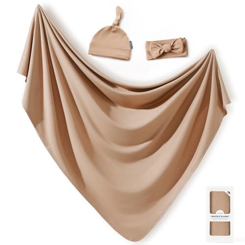 Image of GRSSDER Newborn Swaddle Blankets, Ultra Soft Jersey Receiving Blanket with Matching Headband and Beanie Set, Stretchy Baby Blanket 47x47 inch, Neutral Swaddle Wrap for Girls and Boys
