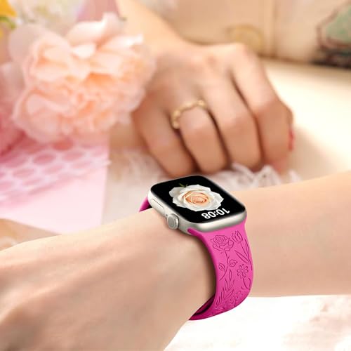 Image of SNBLK 6 Pack Floral Engraved Bands Compatible with Apple Watch Bands 40mm 41mm 42mm 38mm 44mm 45mm 46mm 49mm Women Men, Silicone Flower Pattern Strap for iWatch Series 11 10 Se Ultra 9 8 7 6 5 4 3 2 1