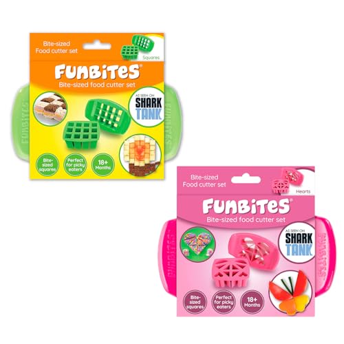 Image of FUNBITES Crustless Sandwich Cutter for Kids Lunch (4-piece set), Uncrustable Sandwich Cutter, Bite-Size Food Cutter for Toddlers, Bento Box Accessories, BPA-FREE Dishwasher Safe, Squares/Hearts 2pk