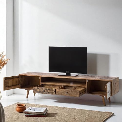 Image of The Attic Mans TV Cabinet, Solid Wood Sideboard TV Cabinet for Living Room, Wooden Free Standing TV Unit Side Board Table with Storage, Ant. Honey Matte Finish
