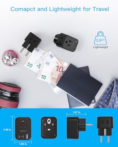 Image of HANYCONY Type F Travel Plug Adapter, Germany France Type E Travel Power Adapter with 2 Outlets 3 USB Ports(2 USB C) for US to Europe EU Spain Iceland Korea Greece Norway Russia German French