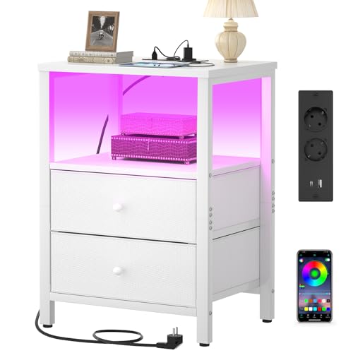 iSunirm Mesita de Noche con Cargador y Luz LED, Mesa de Noche Moderna con 2 Cajones de Tela, Mesitas de Noche Mesilla para Dormitorio o Salón Mesa de Noche Dormitorio Mesita Noche Blanca