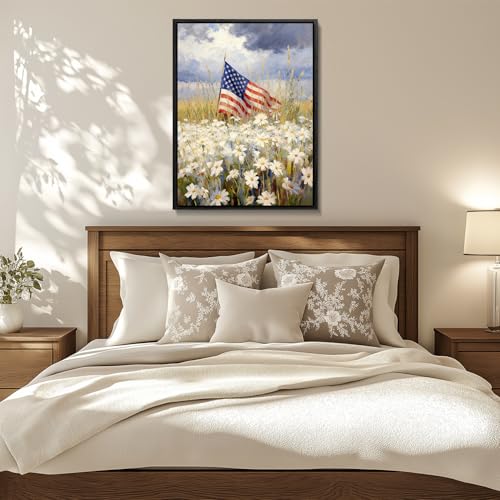 Image of American Flag Framed Canvas Wall Art, 4th of July Floral Canvas Prints, Wildflower Landscape Patriotic Decorations, Vintage Rustic Independence Day Wall Decor for Bedroom Living Room Office 12x16