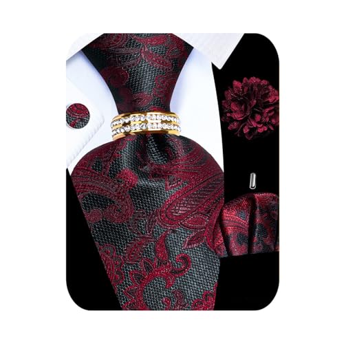 Image of 5PCS Mens Silk Tie, Pocket Square, Cufflinks, Drilled Tie Ring and Lapel Pin Set for Wedding Groom Party