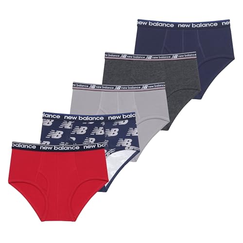 New Balance Boys' Non-Brushed Jersey Performance Wicking Cotton Brief Underwear (5 Pack), Team Navy/Raincloud/Team Red/Graphite Heather/Team Navy