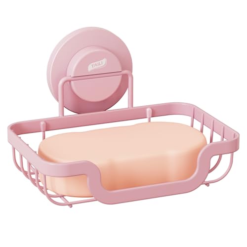 Image of TAILI Soap Dish, Bar Soap Holder Suction Cup, Stainless Steel Sponge Holder | Soap Dish for Shower Wall, Self-Draining Soap Holder Shower for Bathroom & Kitchen, Pink