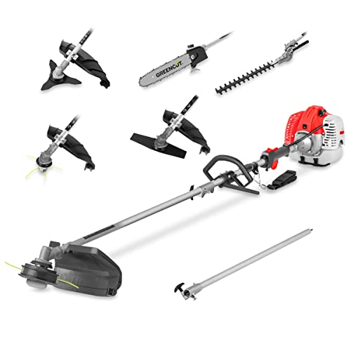 GREENCUT GM650X-6 - Herramienta Multifunción de Gasolina 65cc 4,9cv, 6 en 1 con Accesorios Intercambiables, Función Desbrozadora, Cortasetos y Podadora para Jardín
