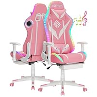 HOFFREE Gaming Chair with Bluetooth Speakers and Led Lights Massage Video Game Chair with Footrest Reclining High Back Computer Gamer Chair for Girls Pink and White